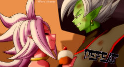 Rule 34 | 10s, 1boy, 1girl, android 21, artist request, bare shoulders, breasts, cake, colored skin, dragon ball, dragon ball fighterz, dragon ball super, food, fused zamasu, green skin, injury, long hair, majin android 21, no humans, pink skin, pointy ears, smile, upper body, zamasu
