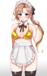 Rule 34 | 1girl, akigumo (kancolle), alternate costume, apron, bikini, black thighhighs, breasts, brown eyes, commentary request, cowboy shot, detached collar, enmaided, frilled apron, frills, gold bikini, gradient background, green eyes, highres, holding, holding own hair, kantai collection, maid, maid headdress, medium breasts, ponytail, saburou 03, solo, standing, swimsuit, thighhighs, waist apron, white apron, white background