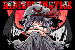 Rule 34 | 1girl, bat wings, blood, blood on face, blood on clothes, blue hair, crescent, female focus, hat, moon, pointy ears, red eyes, red moon, remilia scarlet, sitting, skirt, solo, torn clothes, touhou, translation request, ugatsu matsuki, wings