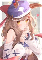 Rule 34 | 1girl, absurdres, animal ears, bare shoulders, blue hat, blush, bow, breasts, brown hair, buttons, center frills, closed mouth, fingernails, frills, hair bow, hair ornament, hairclip, hands up, hat, heart, highres, horse ears, horse girl, jewelry, long hair, long sleeves, looking at viewer, matikane tannhauser (umamusume), medium breasts, multicolored hair, ribbon, shirt, sky cappuccino, smile, solo, two-tone hair, umamusume, upper body, white hair, white shirt, yellow eyes