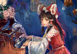 Rule 34 | 1girl, amibazh, black hair, bow, brown eyes, commentary, detached sleeves, drawing (object), faux traditional media, fine art parody, flower, hair bow, hair tubes, hakurei reimu, indoors, instrument, lace, long hair, looking at viewer, looking to the side, midriff, music, parody, piano, playing instrument, playing piano, rose, sidelocks, smile, solo, touhou