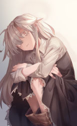Rule 34 | 1girl, ahoge, ankle boots, bad id, bad pixiv id, boots, brown dress, brown footwear, collared shirt, dress, feet out of frame, grey background, grey eyes, grey hair, highres, hugging own legs, long hair, long sleeves, looking at viewer, loolook, original, parted lips, shichigatsu, shirt, solo, squatting, white hair, white shirt, wing collar