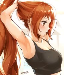 Rule 34 | 1girl, armpits, arms up, black shirt, blush, breasts, brown eyes, brown hair, cleavage, closed mouth, collarbone, crop top, cropped shirt, from side, idolmaster, idolmaster cinderella girls, idolmaster cinderella girls starlight stage, long hair, looking at another, medium breasts, midriff, nira (vira), ponytail, shirt, solo, sweat, twitter username, tying hair, upper body, very long hair, wakabayashi tomoka, white background