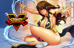 Rule 34 | 1girl, bare shoulders, blush, bracelet, braid, breasts, brown eyes, brown hair, capcom, china dress, chinese clothes, chun-li, cleavage, covered erect nipples, darkereve, dress, fighting stance, highres, jewelry, large breasts, long hair, looking at viewer, official alternate costume, parted lips, sash, sideboob, sitting, smile, solo, spiked bracelet, spikes, street fighter, street fighter v