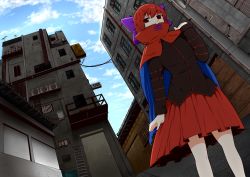 Rule 34 | 1girl, alley, bad id, bad pixiv id, bow, building, cape, cloud, day, dutch angle, hair bow, long sleeves, o-iboshi, red eyes, red hair, sekibanki, short hair, skirt, sky, solo, touhou