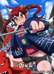 Rule 34 | 1girl, bike shorts, blue sky, blush, bridal gauntlets, bright pupils, cameltoe, clothes pull, copyright notice, d:, dated, day, green eyes, haori, harem gain, holding, holding weapon, horns, japanese clothes, jitte, kimono, leonardo 16sei, long hair, obi, oni, oni horns, open mouth, outdoors, panties, panty pull, people, pointy ears, red hair, red kimono, sash, short kimono, shorts, shorts pull, sky, solo focus, standing, sweat, sweatdrop, twintails, underwear, watermark, weapon, white pupils, wide-eyed