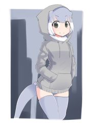 Rule 34 | 10s, 1girl, alternate costume, animal ears, cowboy shot, fur collar, grey hair, hands in pockets, highres, hood, hoodie, kemono friends, long sleeves, menturm1120, multicolored hair, one-piece swimsuit, otter ears, otter tail, short hair, small-clawed otter (kemono friends), smile, solo, swimsuit, tail, thighhighs, white hair