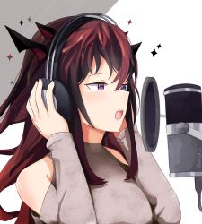 Rule 34 | 1girl, absurdres, bare shoulders, blue eyes, commentary, hands on headphones, headphones, heterochromia, highres, hololive, hololive english, irys (hololive), irys (irys 1.0) (hololive), microphone, namiorii, open mouth, portrait, purple eyes, purple hair, studio microphone, symbol-only commentary, teeth, upper teeth only, virtual youtuber