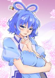 Rule 34 | 1girl, blue dress, blue eyes, blue hair, breast hold, breasts, cleavage, dress, finger to mouth, hair ornament, hair rings, hair stick, kaku seiga, large breasts, looking at viewer, matching hair/eyes, pera-o, seductive smile, short hair, smile, solo, touhou