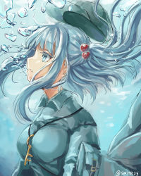 Rule 34 | 1girl, air bubble, artist name, bad id, bad pixiv id, blue dress, blue eyes, blue hair, breasts, bubble, cabbie hat, commentary request, dress, from side, green hat, hat, kawashiro nitori, key, large breasts, long hair, long sleeves, parted lips, pouch, profile, shiromoru (yozakura rety), sidelocks, solo, touhou, twitter username, two side up, underwater, upper body, wing collar