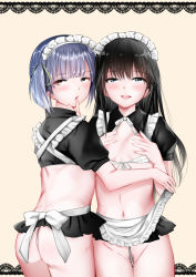 Rule 34 | 2girls, alternate costume, apron, apron lift, asashio (kancolle), ass, black dress, black hair, blue hair, blush, breasts, clothes lift, dress, enmaided, female pubic hair, grey eyes, hair between eyes, highres, kantai collection, long hair, looking at viewer, maid, maid apron, maid headdress, miyuki yaya, multiple girls, navel, nipples, no bra, no panties, ooshio (kancolle), open mouth, pubic hair, short twintails, skirt, small breasts, smile, teeth, twintails, upper teeth only