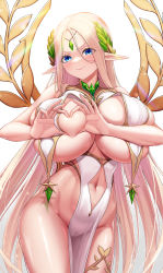Rule 34 | 1girl, absurdres, bare shoulders, blonde hair, blue eyes, blush, breast curtains, breast hold, breasts, breasts squeezed together, cameltoe, cerestia of life, circlet, cleavage, closed mouth, clothing cutout, cowboy shot, deep skin, dress, elf, fins (pixiv29142276), forehead, forehead jewel, gold, hair between eyes, heart-shaped boob challenge, highres, huge breasts, last origin, long hair, long pointy ears, looking at viewer, navel, navel cutout, no panties, parted bangs, pelvic curtain, pointy ears, revealing clothes, sideless outfit, simple background, smile, solo, thighlet, very long hair, white background, white dress