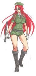 Rule 34 | 1girl, belt, blush, boots, braid, breasts, contrapposto, cross-laced footwear, exaxuxer, gloves, hat, highres, hong meiling, knee boots, lace-up boots, large breasts, long hair, necktie, police, police uniform, policewoman, red hair, short shorts, short sleeves, shorts, sketch, smile, solo, standing, star (symbol), sunglasses, tonfa, touhou, twin braids, uniform, weapon, white gloves