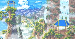 Rule 34 | above clouds, absurdres, blue sky, bush, cloud, day, fantasy, foliage, gazebo, highres, lake, mountain, mountainous horizon, no humans, original, path, pixel art, plant, road, scenery, shelter, shore, sky, tomoruka mr, torii, water, waterfall