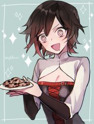 Rule 34 | 1girl, bad id, bad twitter id, blush, chocolate chip cookie, chromatic aberration, cleavage cutout, clothing cutout, cookie, corset, drooling, ecru, food, heart, heart-shaped pupils, plate, ruby rose, rwby, solo, symbol-shaped pupils, twitter username