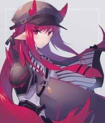 Rule 34 | 1girl, arknights, armor, blush, braid, cabbie hat, closed mouth, commentary request, hair ornament, hat, horns, horns through headwear, long hair, looking at viewer, necktie, pauldrons, pointy ears, red eyes, red hair, red necktie, sasa onigiri, shirt, shoulder armor, solo, upper body, vest, vigna (arknights)