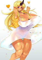 Rule 34 | 1girl, absurdres, blonde hair, bracelet, breasts, cashumeru, cleavage, collarbone, cowboy shot, curvy, dark-skinned female, dark skin, dress, gradient background, grey background, heart, highres, horn, huge breasts, jacket, jewelry, long hair, long sleeves, looking at viewer, monster musume no iru nichijou, ogre, open mouth, panties, pink eyes, pointy ears, smile, solo, standing, striped clothes, striped panties, sundress, teeth, thick thighs, thighs, tionishia, tongue, underwear, upskirt, white background, white dress