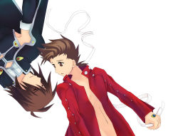 Rule 34 | 00s, 2boys, age difference, brown eyes, brown hair, father and son, kratos aurion, lloyd irving, multiple boys, open clothes, open shirt, red eyes, red hair, ribbon, shirt, short hair, tales of (series), tales of symphonia