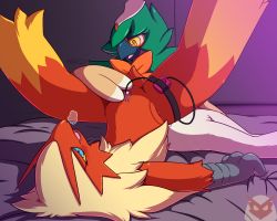 Rule 34 | 2girls, absurdres, animal hands, anus, artist name, beak, bed sheet, bird girl, bird tail, blaziken, blue eyes, blush, body fur, breath, brown fur, claws, clitoris, colored sclera, controller, creatures (company), decidueye, egg vibrator, female focus, flat chest, furry, furry female, furry with furry, game freak, gen 3 pokemon, gen 7 pokemon, green fur, half-closed eyes, happy, highres, indoors, jaggy lines, legs up, looking at another, looking down, looking up, lying, multicolored fur, multiple girls, neck fur, nintendo, nulloffset, object insertion, on back, on bed, open mouth, pokemon, pokemon (creature), purple background, pussy, pussy juice, red fur, remote control, remote control vibrator, sex toy, sheet grab, signature, smile, spread legs, tail, thigh strap, two-tone fur, uncensored, vaginal, vaginal object insertion, vibrator, watermark, white fur, yellow eyes, yellow fur, yellow sclera, yuri