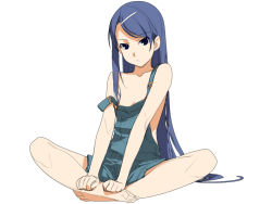 Rule 34 | 1girl, barefoot, blue hair, feet, full body, hair ornament, hairclip, hands on feet, indian style, ino (magloid), long hair, looking at viewer, mochizuki nonoka, mu soft, naked overalls, otome function, overalls, simple background, sitting, solo, strap slip, very long hair