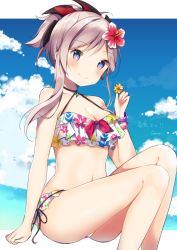 Rule 34 | 1girl, artist name, ass, bare arms, bare legs, bare shoulders, bikini, blue eyes, blush, bracelet, breasts, cleavage, closed mouth, collarbone, day, fate/grand order, fate (series), feet out of frame, floral print, flower, hair flower, hair ornament, halterneck, highres, holding, invisible chair, jewelry, large breasts, long hair, looking at viewer, miyamoto musashi (fate), miyamoto musashi (storms and waves) (fate), navel, shiino sera, short ponytail, sidelocks, silver hair, sitting, sky, smile, solo, swimsuit, thighs, unmoving pattern, white bikini, yellow flower