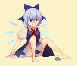 Rule 34 | 1girl, arm support, barefoot, bloomers, blue eyes, blue hair, bow, cirno, feet, frog, hair bow, jean (jean sp), matching hair/eyes, sitting, solo, embodiment of scarlet devil, touhou, underwear, wings