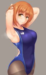 Rule 34 | 1girl, absurdres, adjusting hair, airi (satosi), armpits, arms behind head, arms up, bare arms, bare shoulders, black pantyhose, blue one-piece swimsuit, blush, breasts, closed mouth, clothes writing, competition swimsuit, cowboy shot, dripping, from side, grey background, highres, looking at viewer, looking to the side, medium breasts, one-piece swimsuit, original, pantyhose, pantyhose under swimsuit, satosi, simple background, solo, standing, suggestive fluid, swimsuit, thighband pantyhose