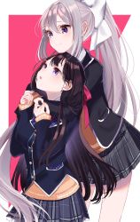 Rule 34 | 2girls, :o, bad id, bad pixiv id, black jacket, blazer, blush, bow, brown hair, brown sweater, closed mouth, commentary request, grey skirt, hair between eyes, hair bow, hair ornament, hairclip, hands up, highres, higuchi kaede, higuchi kaede (1st costume), jacket, long hair, long sleeves, misumi (macaroni), mole, mole under eye, multicolored hair, multiple girls, nijisanji, open clothes, open jacket, parted lips, pink background, plaid, plaid skirt, pleated skirt, ponytail, purple eyes, revision, sidelocks, silver hair, skirt, sleeves past wrists, smile, sweater, tsukino mito, tsukino mito (1st costume), two-tone hair, very long hair, virtual youtuber, white background, white bow