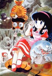 Rule 34 | 1980s (style), :o, alice (alice in wonderland), alice in wonderland, apron, azuma hideo, black hair, blue eyes, cat, caterpillar, caterpillar (alice in wonderland), cheshire cat (alice in wonderland), dress, full body, long hair, mary janes, non-web source, oldschool, painting (medium), rabbit, red dress, retro artstyle, shoes, traditional media, watercolor (medium), white rabbit (alice in wonderland)