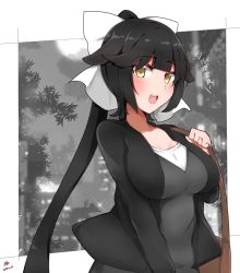 Rule 34 | 1girl, 2018, :d, alternate costume, animal ears, azur lane, bag, black hair, black jacket, bow, chiru (218mg), dated, dog ears, eyebrows, grey vest, hair bow, hand up, handbag, high ponytail, highres, jacket, long hair, long sleeves, open clothes, open jacket, open mouth, shirt, signature, smile, solo, takao (azur lane), teeth, tongue, translation request, upper body, very long hair, vest, white bow, white shirt, yellow eyes