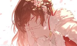 Rule 34 | 1girl, bracelet, brown hair, closed eyes, closed mouth, covering own mouth, crying, earrings, flower, hair flower, hair ornament, highres, japanese clothes, jewelry, kimono, koeda (k83 4), long hair, long sleeves, petals, pink flower, red kimono, rosa (tears of themis), simple background, solo, tears of themis, upper body, white background