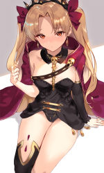 Rule 34 | 1girl, arm support, black thighhighs, blonde hair, cape, earrings, ereshkigal (fate), fate/grand order, fate (series), hair ribbon, highres, jewelry, looking at viewer, orange eyes, red cape, red ribbon, ribbon, seon (seonon ), single sleeve, single thighhigh, sitting, solo, spine, thighhighs, tiara, two side up