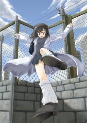 Rule 34 | 1girl, banrohho, chain-link fence, fence, highres, jumping, lab coat, loose socks, open mouth, original, power lines, socks, solo