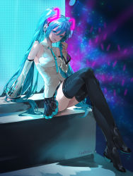 Rule 34 | 1girl, absurdres, aqua eyes, aqua hair, arm support, black footwear, black skirt, black thighhighs, blue neckerchief, breasts, commentary, crossed ankles, detached sleeves, english commentary, frilled sleeves, frills, full body, glowstick, hand up, hatsune miku, hatsune miku (nt), headphones, headset, high heels, highres, kyeongsu lee, leaning back, long hair, loose neckerchief, neckerchief, pleated skirt, see-through, see-through sleeves, shirt, signature, sitting, skirt, sleeveless, sleeveless shirt, small breasts, smile, solo, sparkle, thighhighs, twintails, vocaloid, white shirt, wotagei