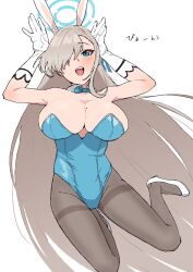 Rule 34 | 1girl, animal ears, asuna (blue archive), asuna (bunny) (blue archive), black pantyhose, blue archive, blue eyes, blue leotard, breasts, cleavage, detached collar, fake animal ears, gloves, grey hair, hair over one eye, halo, high heels, highres, large breasts, leotard, long hair, looking at viewer, mole, mole on breast, open mouth, osame, pantyhose, playboy bunny, rabbit ears, rabbit pose, simple background, solo, teeth, thighband pantyhose, upper teeth only, very long hair, white background, white footwear, white gloves