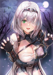 Rule 34 | 1girl, :d, bandage over one eye, bandages, bare tree, black gloves, braid, breasts, claw pose, cloud, commentary, cowboy shot, fang, full moon, gloves, green eyes, hair between eyes, himonoata, hololive, large breasts, looking at viewer, mole, mole on breast, moon, night, night sky, open mouth, outdoors, sarashi, shirogane noel, shirogane noel (1st costume), short hair, silver hair, sky, smile, solo, standing, tree, virtual youtuber