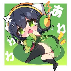 Rule 34 | 1girl, ^^^, absurdres, ass, bare shoulders, black hair, black thighhighs, blush, breasts, chibi, colored shadow, commentary request, detached sleeves, flying sweatdrops, full body, green background, green eyes, green jacket, green skirt, green sleeves, hair between eyes, highres, jacket, kyoumachi seika, long sleeves, medium breasts, milkpanda, necktie, no shoes, nose blush, open mouth, panties, red necktie, shadow, shirt, skirt, sleeveless, sleeveless jacket, sleeves past wrists, soles, solo, sweat, tears, thighhighs, underwear, voiceroid, wavy mouth, white panties, white shirt, wide sleeves