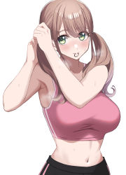 Rule 34 | 0-toki, 1girl, absurdres, armpits, black shorts, blush, bra, breasts, brown hair, green eyes, hair between eyes, highres, large breasts, long hair, looking at viewer, midriff, original, pink bra, shorts, simple background, solo, sports bra, steam, stomach, sweat, swept bangs, twintails, tying hair, underwear, white background