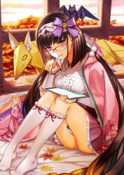 Rule 34 | 1girl, autumn leaves, bat (animal), black hair, drawing tablet, fate/grand order, fate (series), floral print, fox, glasses, long hair, looking at viewer, moriyama daisuke, official art, origami, osakabehime (fate), red eyes, red ribbon, ribbon, ribbon trim, sitting, smile, stylus, tablet pc, very long hair