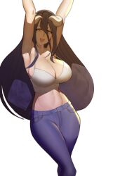 Rule 34 | 1girl, absurdres, ahoge, albedo (overlord), alternate costume, arms up, black hair, breasts, cleavage, contemporary, contrapposto, demon girl, demon horns, denim, doublehero, hair between eyes, highres, horns, jeans, large breasts, long hair, looking at viewer, open mouth, overlord (maruyama), pants, slit pupils, smile, yellow eyes