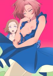 Rule 34 | 2girls, blue dress, breasts, breasts out, brown hair, closed mouth, commentary request, dress, frilled dress, frills, half-closed eyes, hand to own mouth, highres, mebae, multiple girls, nipples, no bra, open mouth, original, pantyhose, pink background, purple eyes, red eyes, short hair, small breasts, teeth, white legwear, yellow eyes