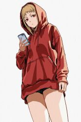 Rule 34 | 1girl, black shorts, blonde hair, chainsaw man, highres, holding, holding phone, hood, hoodie, looking at viewer, phone, red eyes, red hoodie, sawatari akane (chainsaw man), shiren (ourboy83), short hair, short shorts, shorts, simple background, slit pupils, solo, white background
