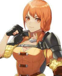 Rule 34 | 1girl, armor, black gloves, breasts, cleavage, commentary request, female focus, fire emblem, fire emblem: three houses, gloves, isa (peien516), large breasts, leonie pinelli, long hair, looking at viewer, matching hair/eyes, nintendo, orange eyes, orange hair, orange shirt, pauldrons, shirt, shoulder armor, simple background, smile, solo, upper body, white background