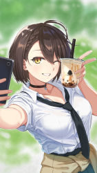 Rule 34 | 1girl, ;d, absurdres, ahoge, azur lane, baltimore (after-school ace) (azur lane), baltimore (azur lane), black choker, black necktie, blurry, blurry background, braid, breasts, brown hair, bubble tea, choker, clothes around waist, collarbone, collared shirt, cup, day, disposable cup, drinking straw, grin, hair between eyes, highres, holding, holding cup, looking at viewer, medium breasts, necktie, one eye closed, open mouth, outdoors, outstretched arm, selfie, shirt, short hair, short sleeves, smile, solo, teeth, tuchinokoeffect, upper body, v, white shirt, wing collar, yellow eyes