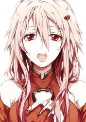 Rule 34 | 10s, 1girl, arisaka ako, bad id, bad pixiv id, bare shoulders, breasts, center opening, detached sleeves, eyelashes, fingerless gloves, gloves, guilty crown, hair ornament, hairclip, hand on own chest, long hair, looking at viewer, low twintails, open mouth, pale skin, pink hair, red eyes, simple background, solo, tears, teeth, twintails, upper body, yuzuriha inori