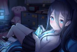 Rule 34 | 1girl, aris (blue archive), bean bag chair, black hair, black skirt, black socks, blue archive, blue eyes, closed mouth, collared shirt, commentary, controller, game console, gamecube, hair between eyes, highres, indoors, kantai collection, knees together feet apart, long hair, looking at viewer, moleshi, ooyodo (kancolle), pleated skirt, shirt, sidelocks, sitting, skirt, smile, socks, solo, sticky note, stuffed animal, stuffed toy, television, white shirt