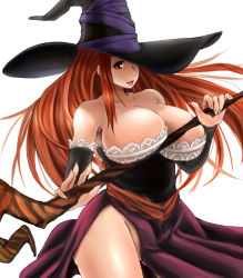 Rule 34 | 1girl, bad id, bad pixiv id, bare shoulders, breasts, brown eyes, brown hair, canpy, cleavage, dragon&#039;s crown, dress, hat, hat over one eye, huge breasts, large breasts, long hair, no panties, one eye covered, parted lips, side slit, simple background, smile, solo, sorceress (dragon&#039;s crown), staff, strapless, strapless dress, vanillaware, weapon, white background, witch hat