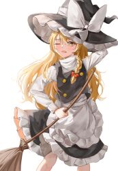 Rule 34 | 1girl, absurdres, apron, arm behind head, black skirt, black vest, blonde hair, bow, braid, broom, buttons, feet out of frame, frilled skirt, frills, hair bow, hat, hat bow, highres, holding, holding broom, kirisame marisa, long hair, long sleeves, one eye closed, petticoat, red bow, shirt, simple background, single braid, skirt, solo, temmie (temi maru), touhou, vest, waist apron, white apron, white background, white bow, white shirt, witch hat, yellow eyes