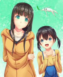 Rule 34 | 10s, 2girls, :d, apron, arm behind back, black hair, blue eyes, clenched hands, coat, collarbone, flying witch, gradient background, green background, green eyes, head tilt, holding another&#039;s arm, kirimori toya, kowata makoto, kuramoto chinatsu, leaning, long hair, long sleeves, looking at another, looking to the side, mandragora, multiple girls, open mouth, short hair, smile, twintails, upper body