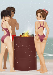 Rule 34 | 1boy, 2girls, acerbi, adjusting clothes, adjusting swimsuit, ass, black eyes, black hair, brown eyes, brown hair, campfire, competition swimsuit, dated, drum (container), fire, fundoshi, multiple girls, one-piece swimsuit, original, ponytail, short hair, snow, swimsuit, warming